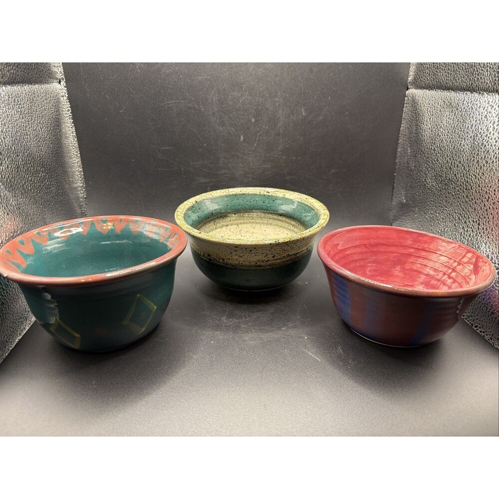 3 Empty Bowls Art Pottery Bowl Signed 2004 & 2005 Green Tan Speckled, Red Green